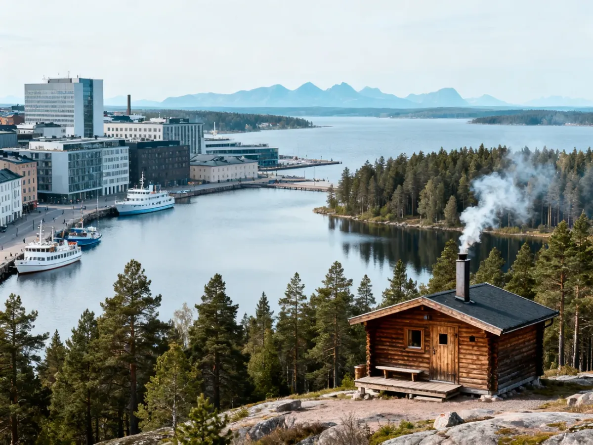 Fińskie krajobrazy łączące Helsinki, saunę, jezioro i las