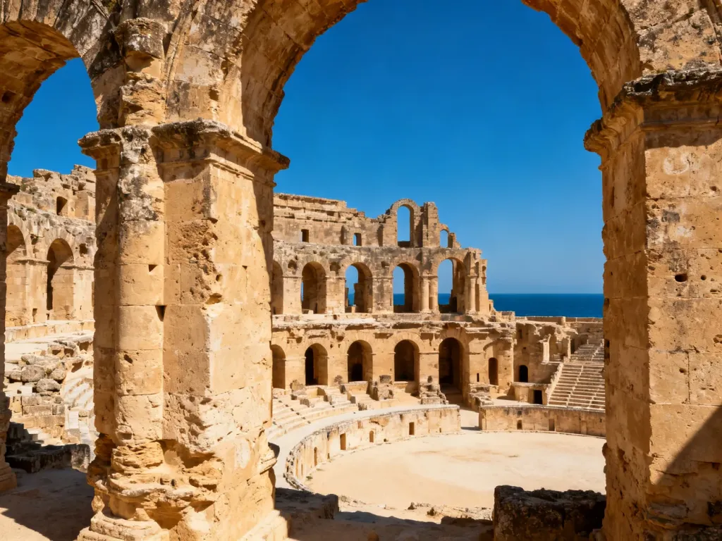 Starożytny rzymski amfiteatr w El Jem w Tunezji w pełnym słońcu, ukazujący monumentalne kamienne łuki i ruiny.