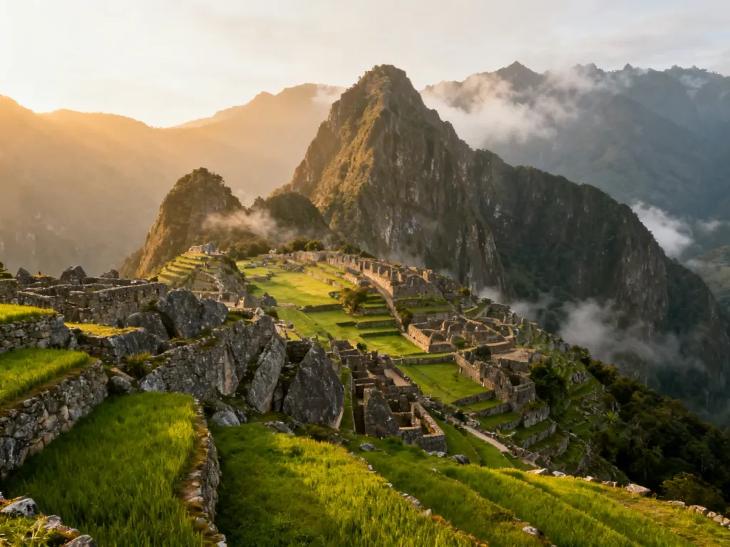 Panoramiczny widok na starożytne ruiny Machu Picchu otoczone zielonymi tarasami i majestatycznymi szczytami Andów.