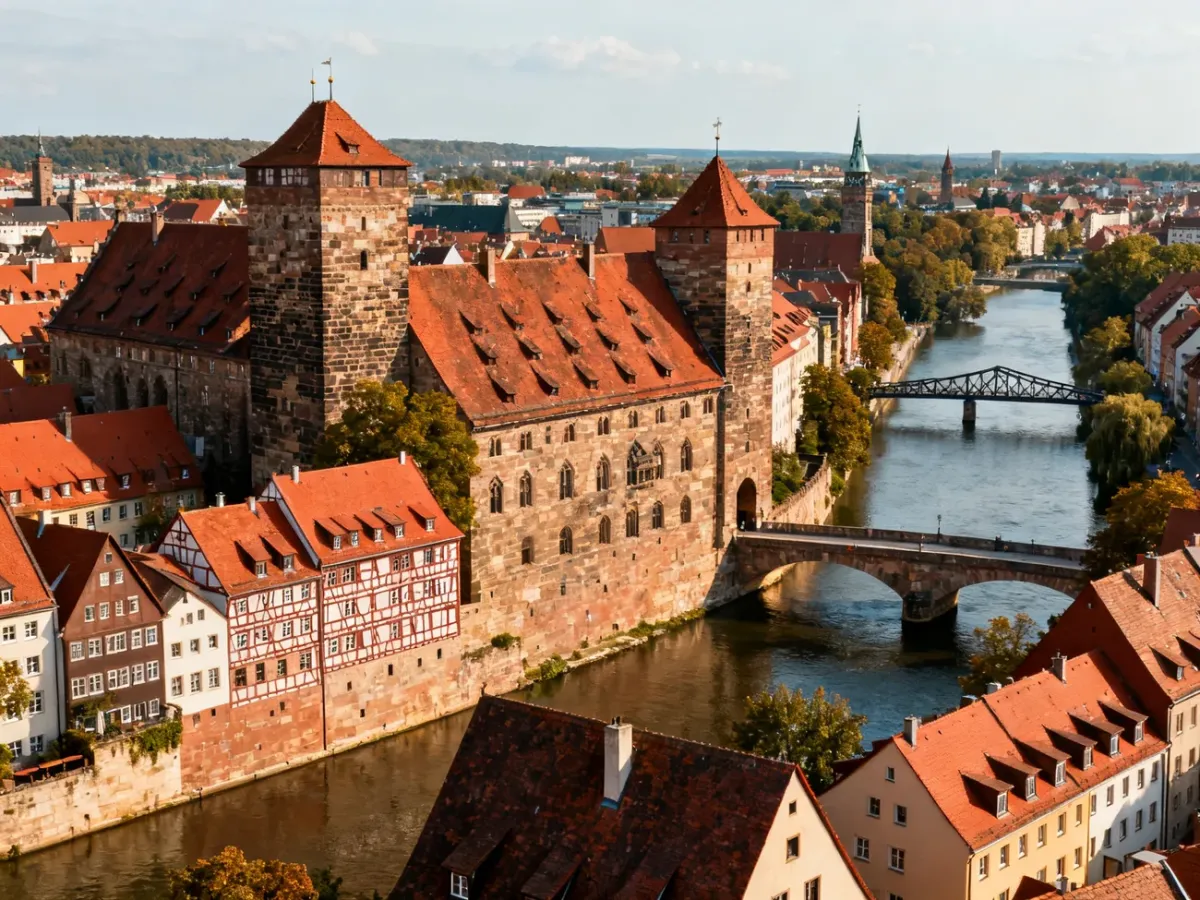 Panorama historycznego centrum Norymbergi z zamkiem, czerwonymi dachami i rzeką Pegnitz