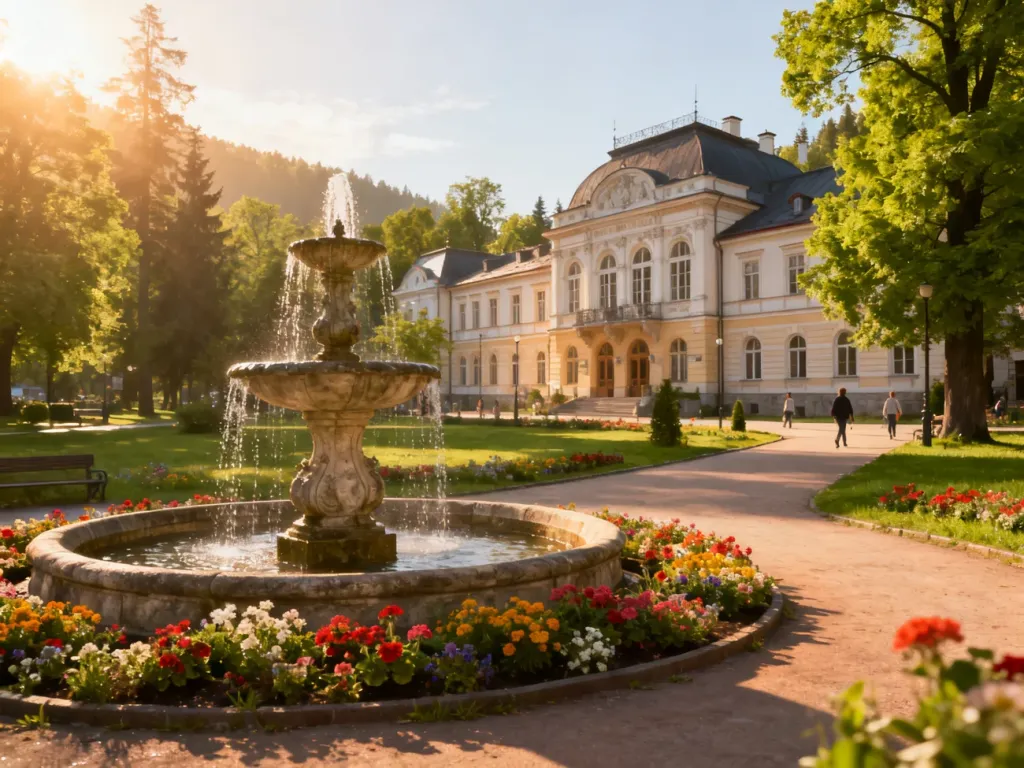 Zabytkowy Park Zdrojowy w Polanicy-Zdroju z ozdobną fontanną, ukwieconymi rabatami i elegancką architekturą uzdrowiskową.
