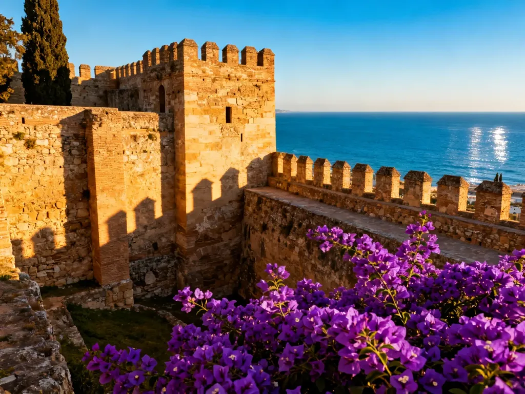 Widok na zabytkową twierdzę Alcazaba w Maladze o zachodzie słońca, z kwitnącymi kwiatami na pierwszym planie.