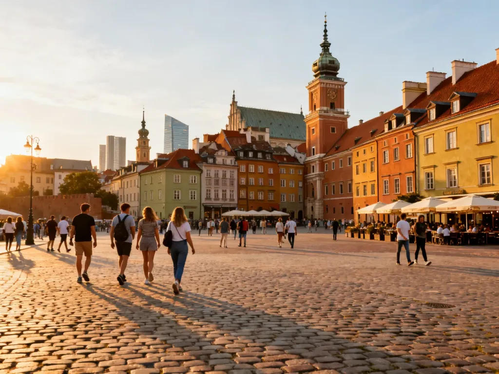 Panorama warszawskiej Starówki o zachodzie słońca, turyści spacerują po rynku wśród kolorowych kamienic i kawiarni, no text on the picture