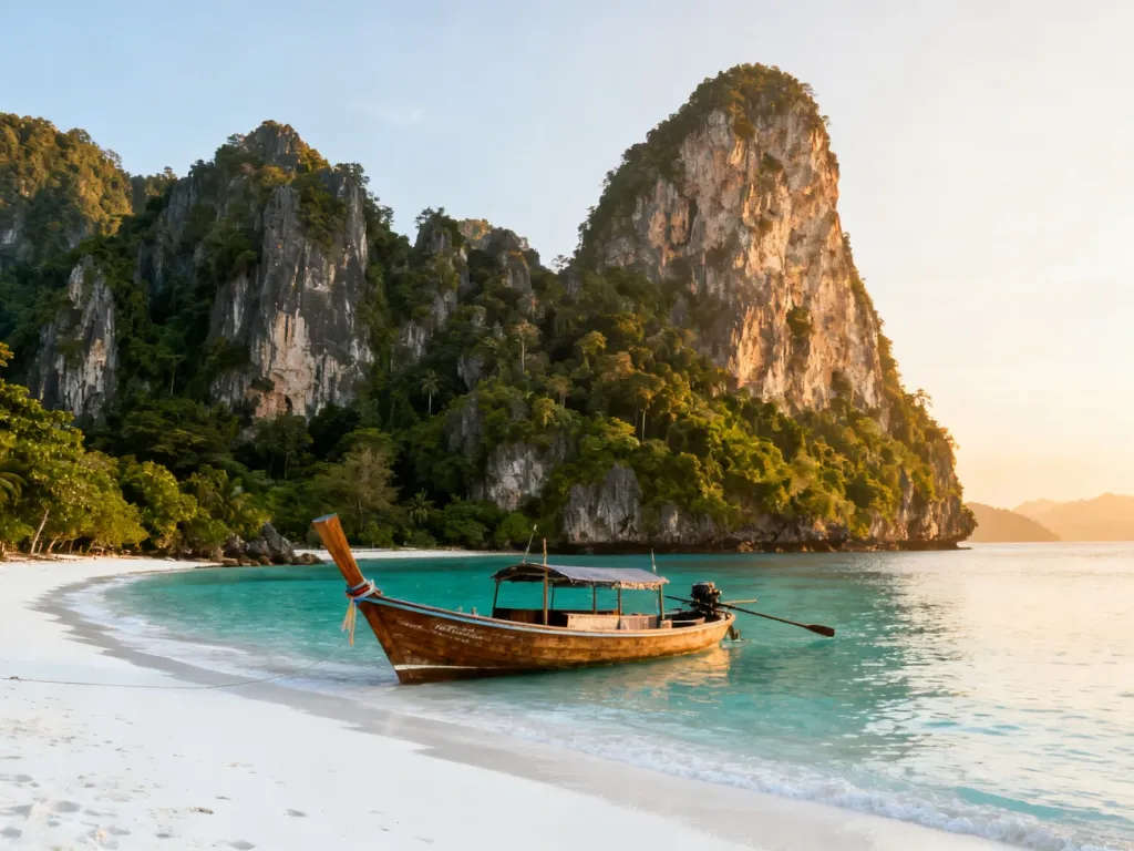 Piaszczysta plaża w Krabi z tradycyjną łodzią typu long-tail na tle wapiennych klifów i turkusowej wody.
