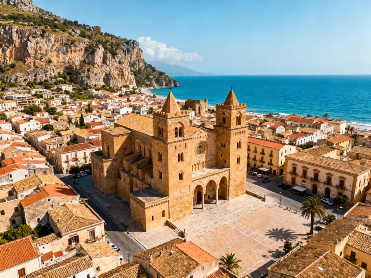 Panorama Cefalù z katedrą, średniowieczną starówką i morzem