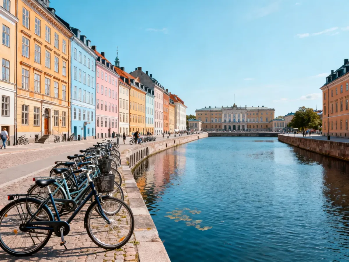 Kolorowy kanał Nyhavn w Kopenhadze z rowerami i historyczną zabudową