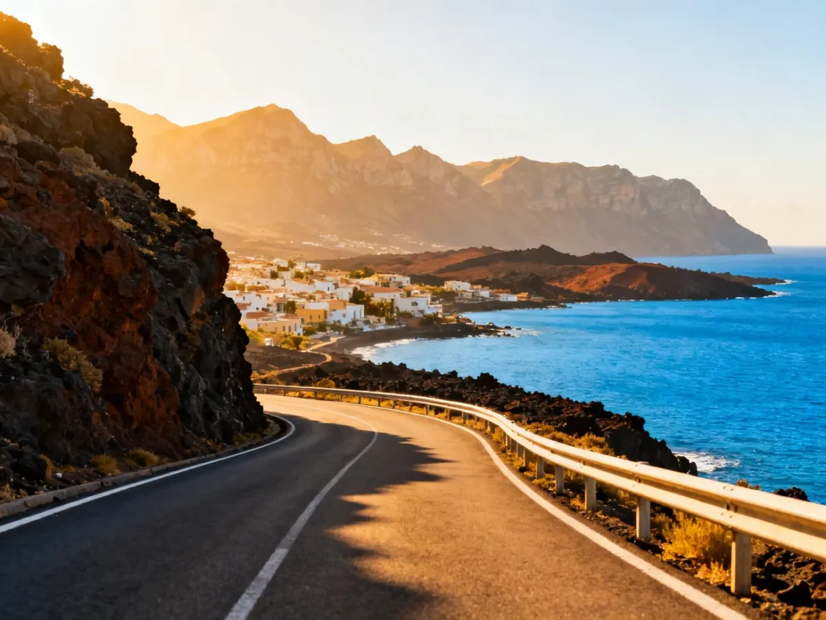 Panoramic view of a Sicilian coastal road, town and mountains