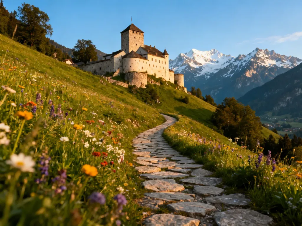 Zamek w Vaduz górujący nad alpejskim zboczem w otoczeniu kwiatów i ośnieżonych szczytów górskich.