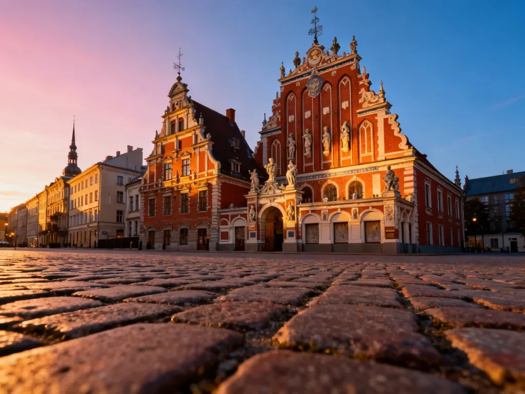 Dom Bractwa Czarnogłowych w Rydze o zachodzie słońca, oświetlony złotym światłem na tle zabytkowego placu.