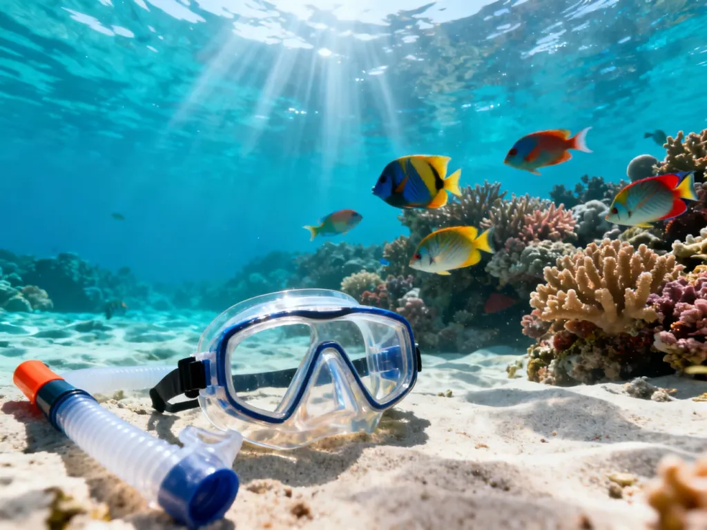 Maska i rurka do snorkelingu leżące na piaszczystym dnie w pobliżu kolorowej rafy koralowej w przejrzystej, błękitnej wodzie.