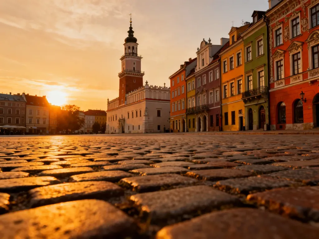 Złota godzina na Starym Mieście w Lublinie z widokiem na kamienice i Wieżę Trynitarską.