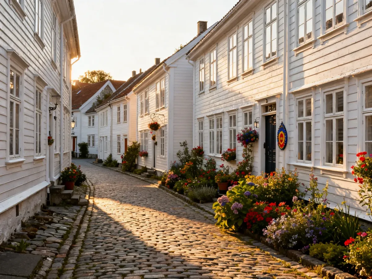 Białe drewniane domy przy brukowanej uliczce w Gamle Stavanger