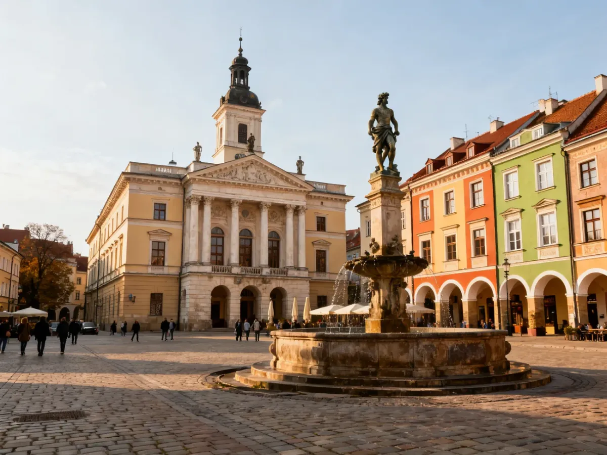 Rynek w Jeleniej Górze z ratuszem, kolorowymi kamienicami i fontanną Neptuna