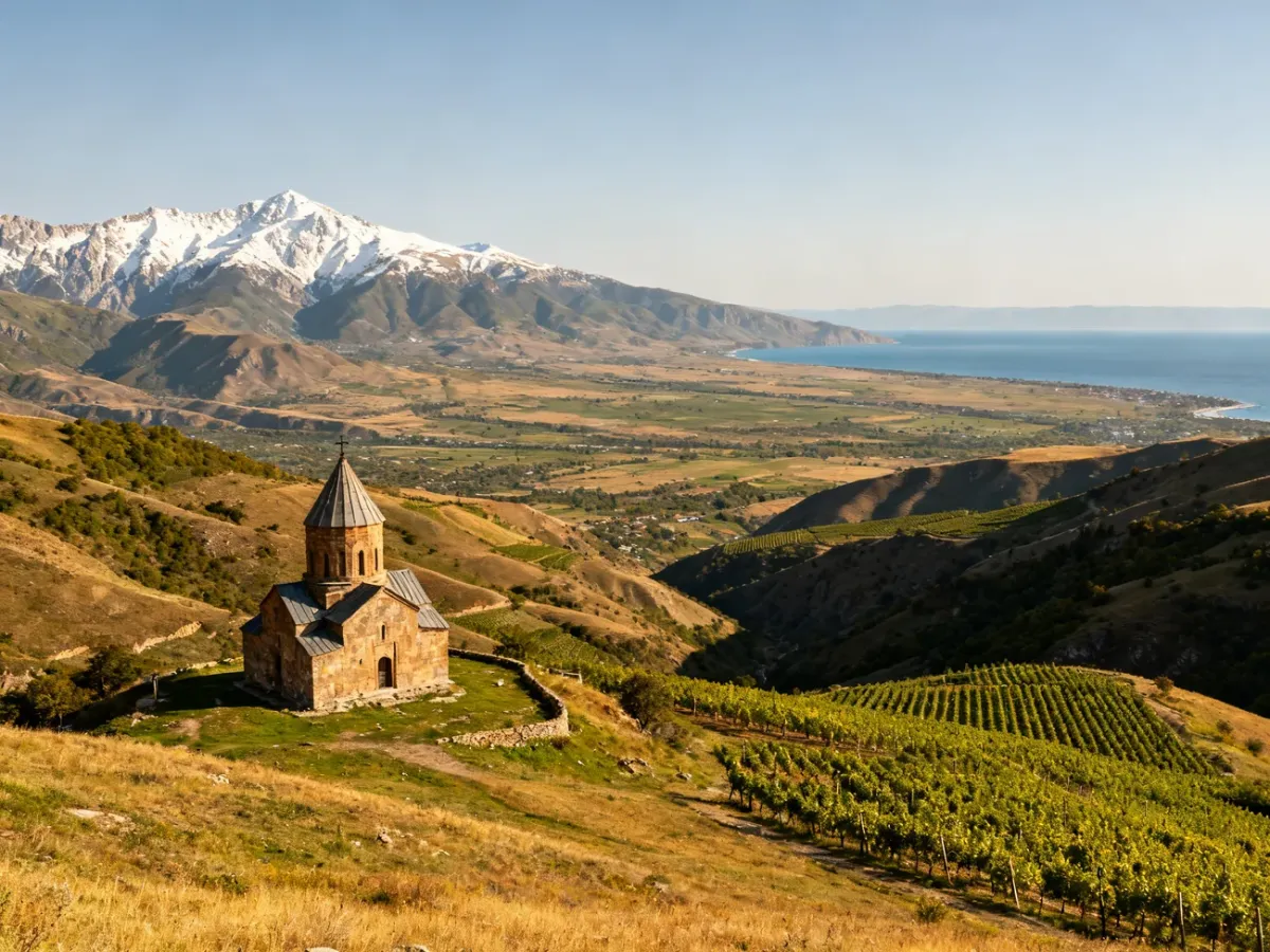 Panoramic view of Georgia with Caucasus mountains, a stone church, valleys, vineyards and distant coastline