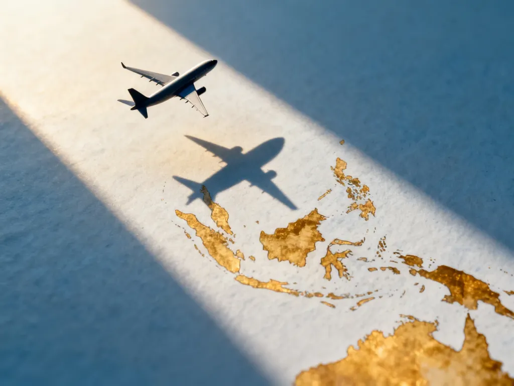 Sylwetka samolotu lecącego nad mapą Azji Południowo-Wschodniej, symbolizująca podróż do Wietnamu.