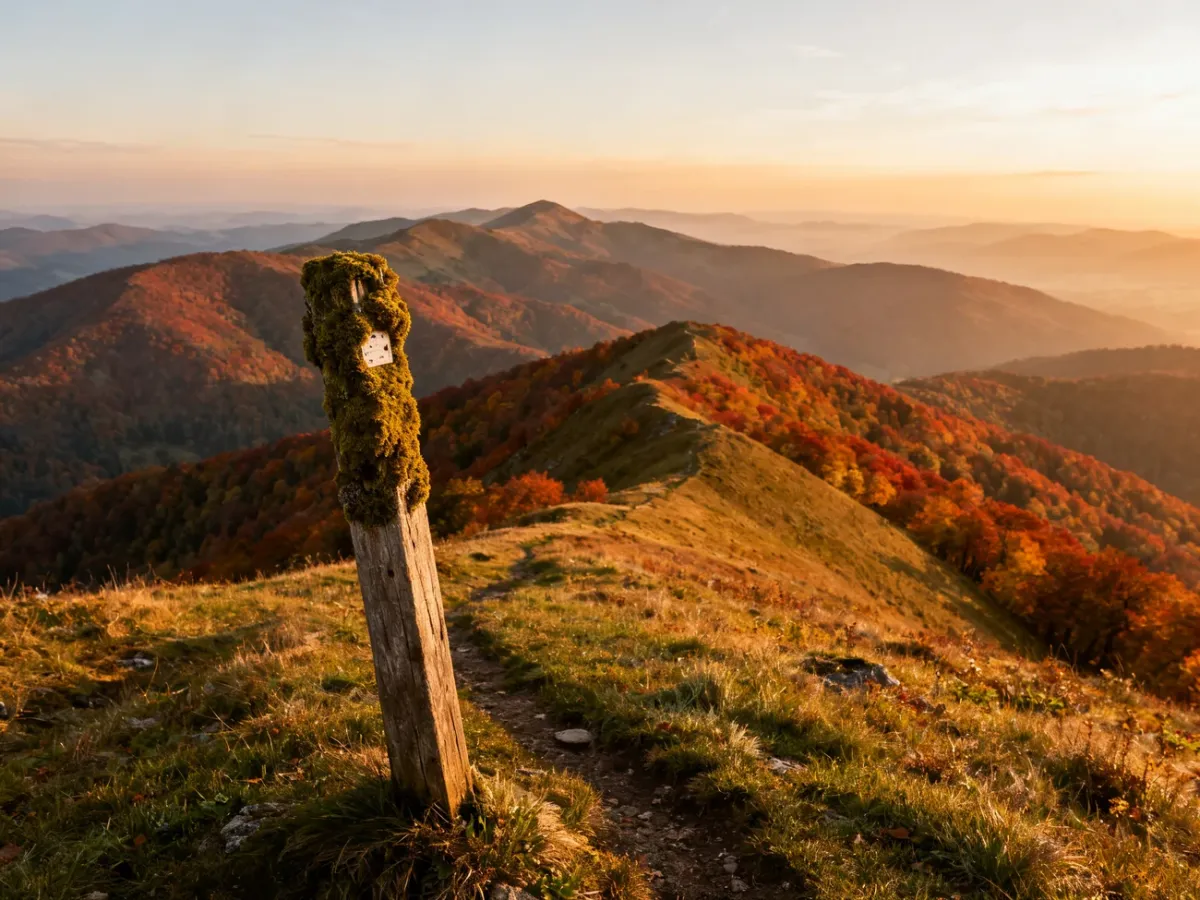 Panoramiczny widok na jesienne pasmo Bieszczadów o zachodzie słońca z drewnianym szlakiem na pierwszym planie.