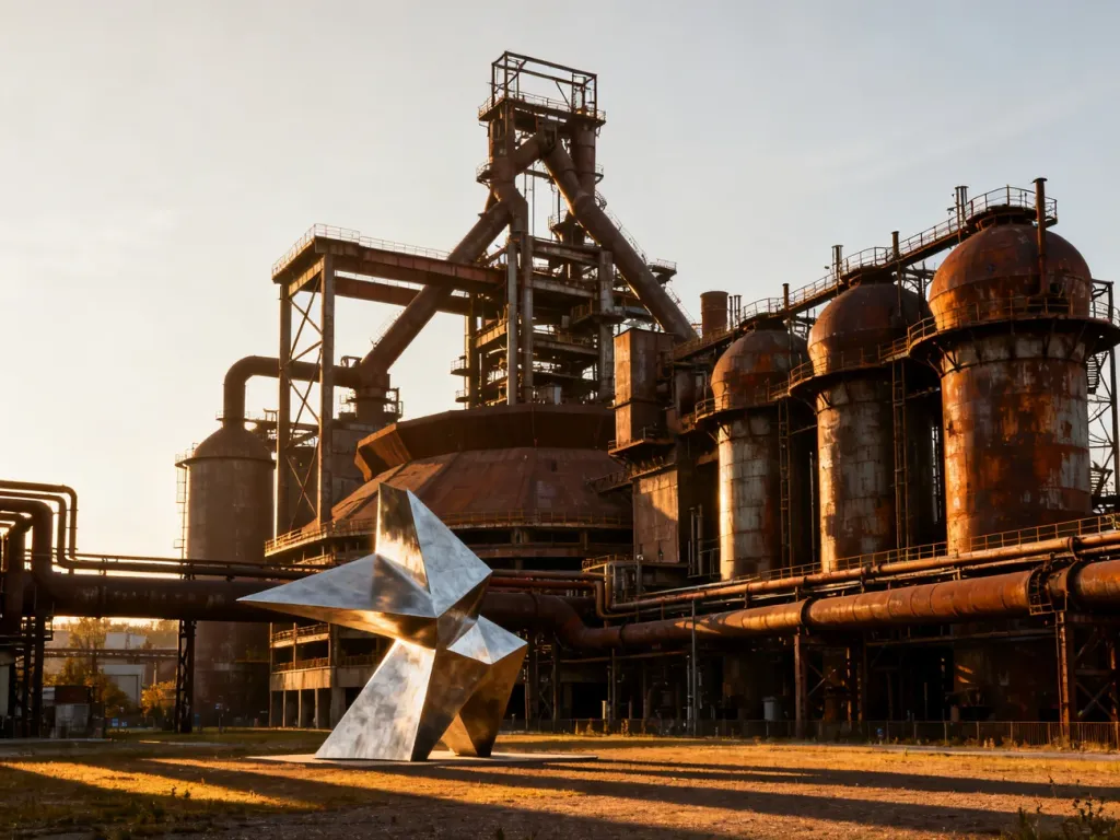 Panoramiczny widok na industrialny kompleks Dolní Vítkovice w Ostrawie o zachodzie słońca.