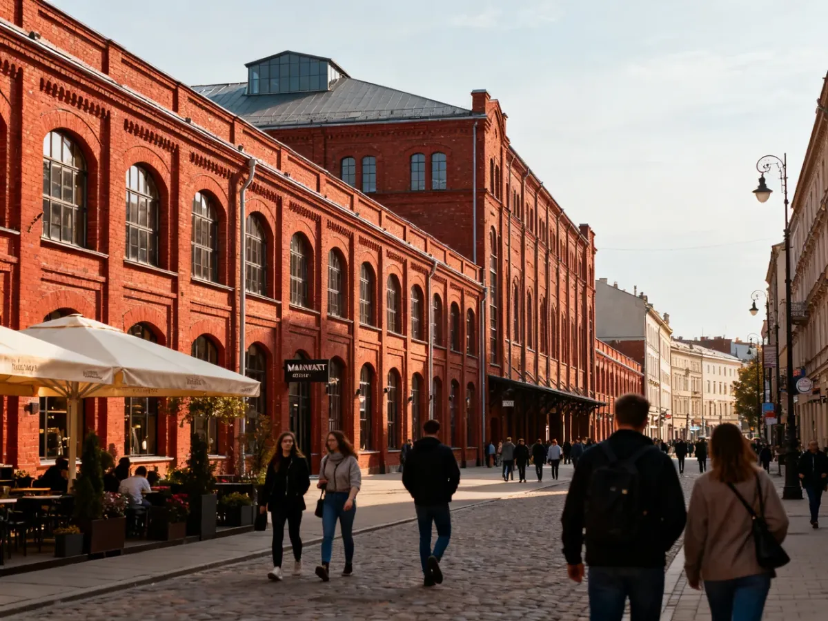 Panorama Łodzi z zabytkowymi fabrykami i miejską zabudową
