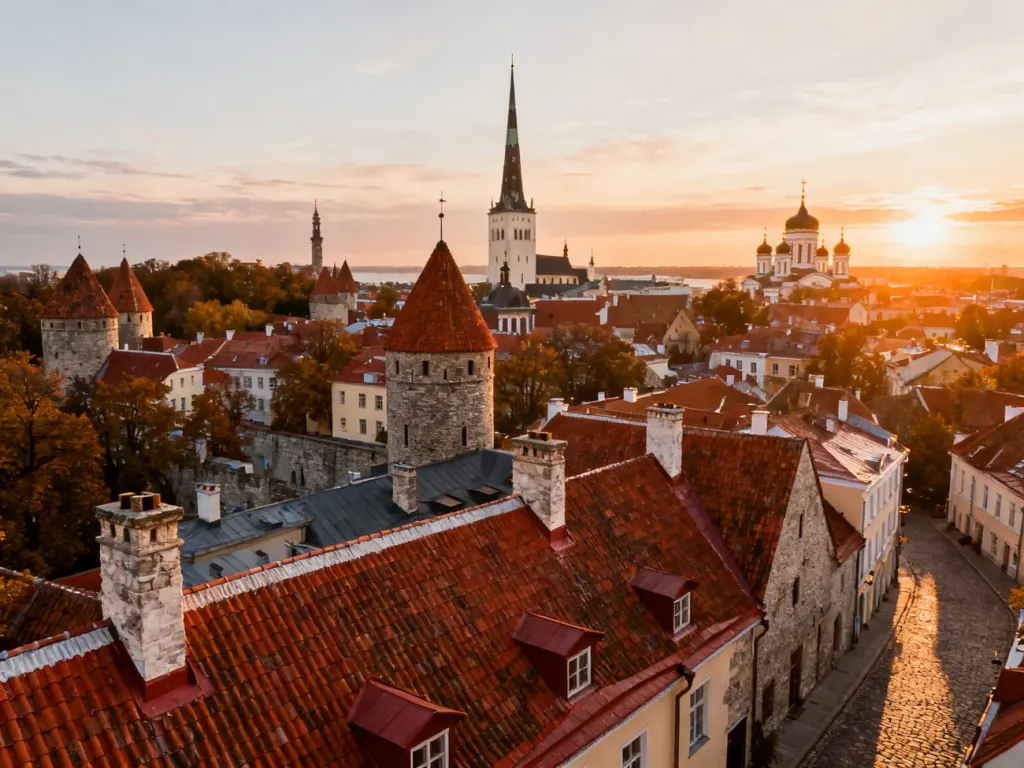 Panoramiczny widok na Stare Miasto w Tallinnie o zachodzie słońca z charakterystycznymi wieżami kościołów i czerwonymi dachami.