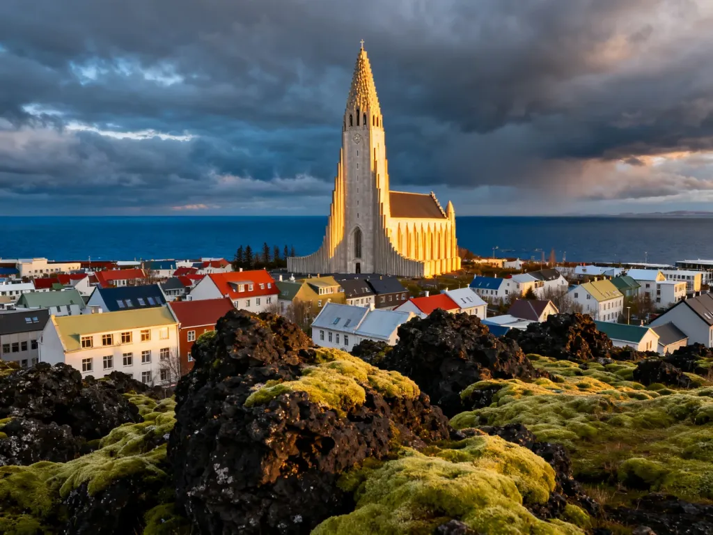 Kościół Hallgrímskirkja górujący nad kolorowymi dachami Reykjaviku na tle oceanu i dramatycznego nieba w świetle zachodu.