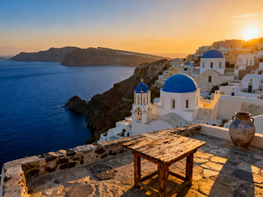 Widok na białe domy z niebieskimi kopułami w Oia na Santorini podczas zachodu słońca nad Morzem Egejskim.
