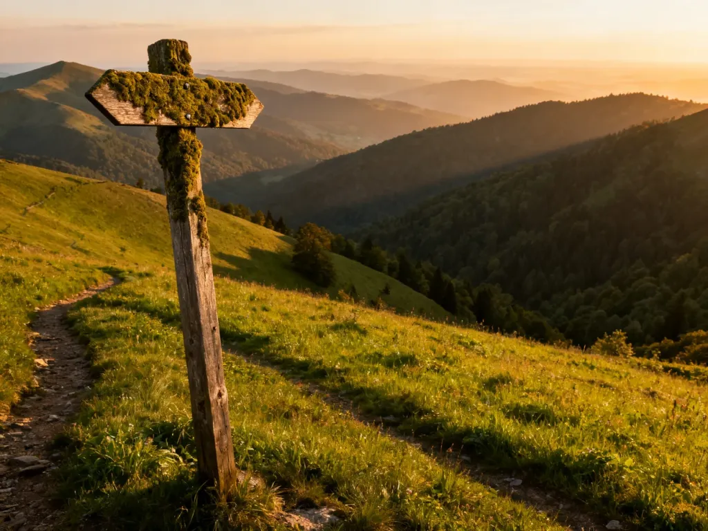 Panoramiczny widok na bieszczadzkie połoniny w świetle zachodzącego słońca z drewnianym drogowskazem na pierwszym planie.