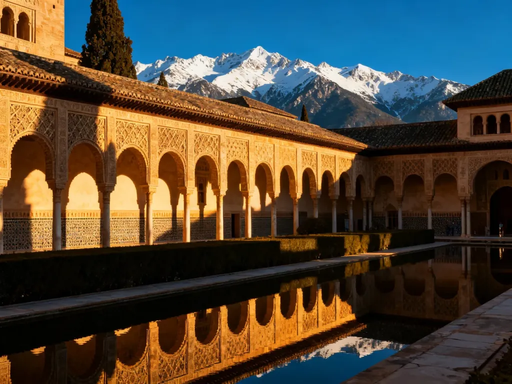 Widok na kompleks pałacowy Alhambra w Grenadzie o zachodzie słońca, z odbiciem murów w basenie i górami Sierra Nevada w tle.
