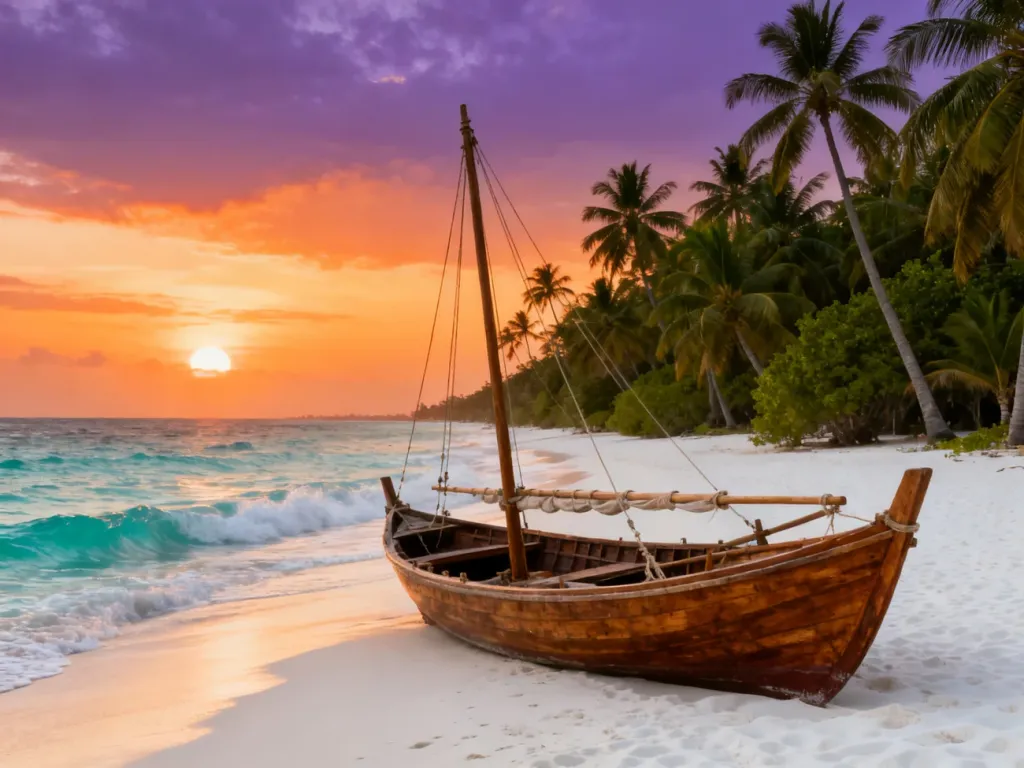 Tradycyjna łódź dhow na piaszczystej plaży Zanzibaru o zachodzie słońca z turkusowym oceanem w tle.