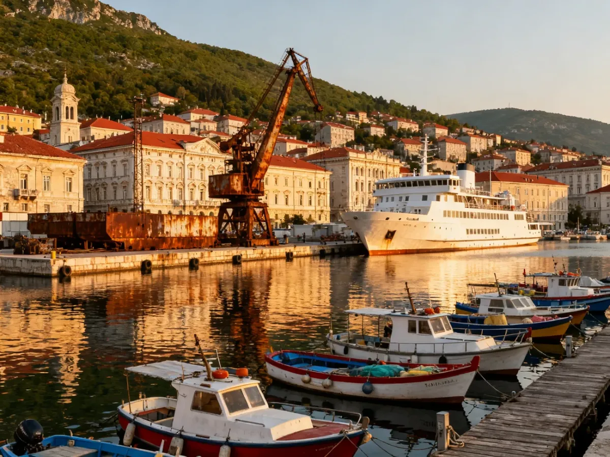 Panorama Rijeki z portem, kamienicami i wzgórzami w tle