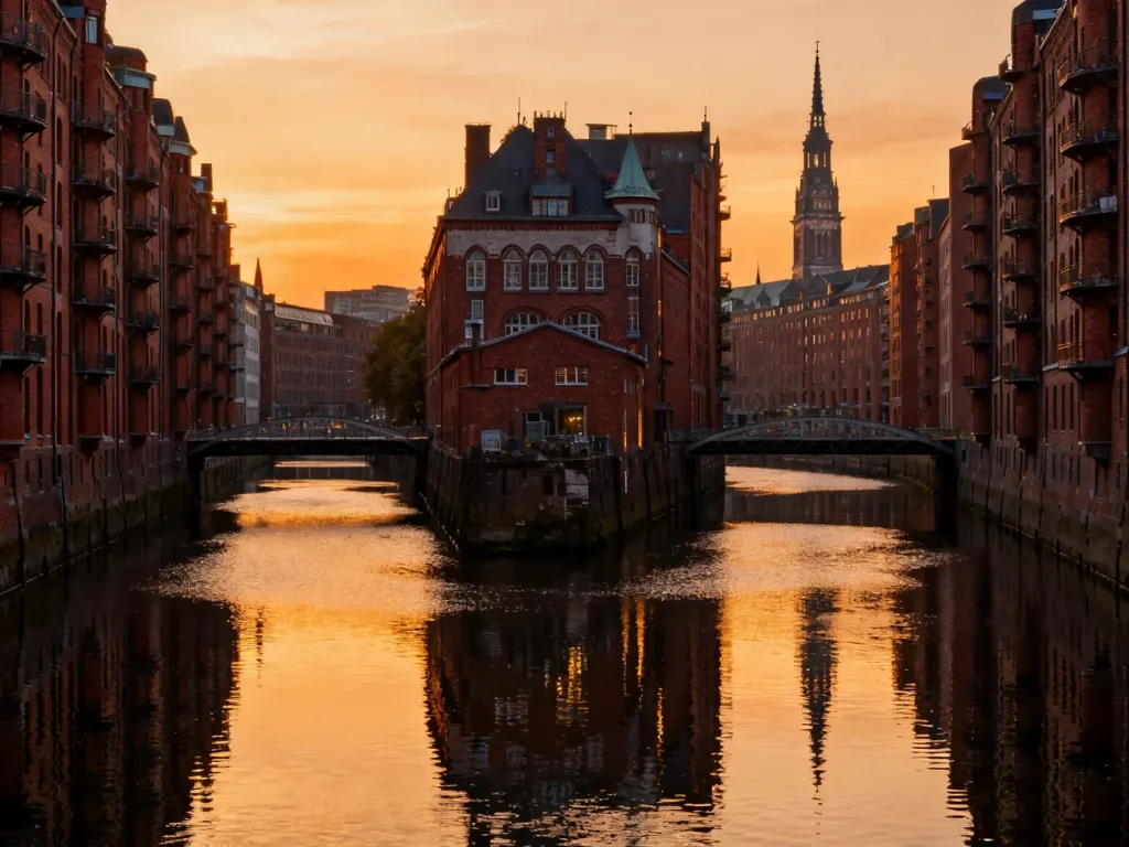 Zabytkowa dzielnica spichlerzy Speicherstadt w Hamburgu o zachodzie słońca z widoczną wieżą kościoła św. Mikołaja.