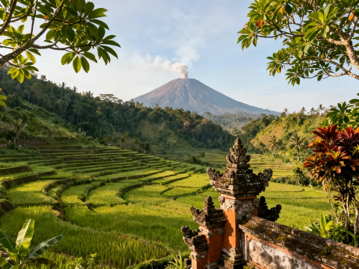 Panoramiczny krajobraz Bali z tarasami ryżowymi, wulkanem i balijską świątynią
