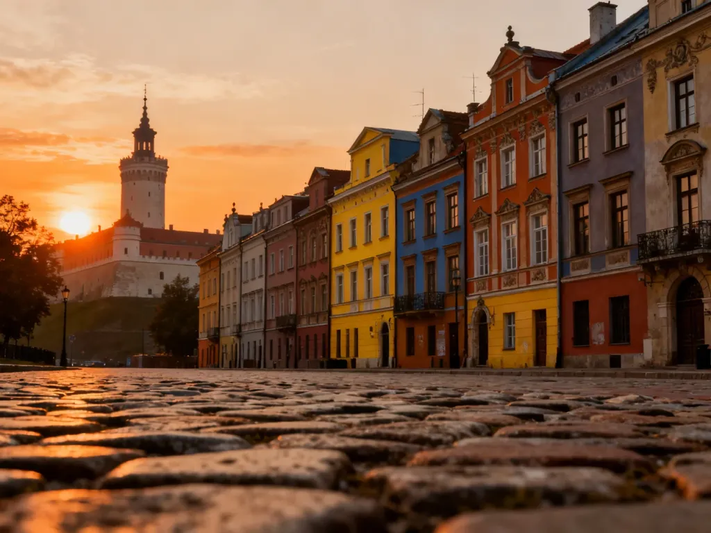 Zabytkowy rynek Starego Miasta w Lublinie o zachodzie słońca z widoczną wieżą Zamku Lubelskiego w tle.