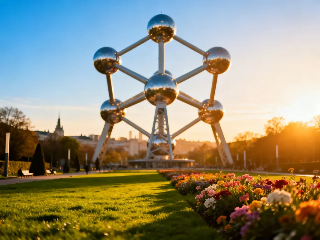 Ikoniczna budowla Atomium w Brukseli o zachodzie słońca, otoczona zadbanym parkiem z kwitnącymi kwiatami.