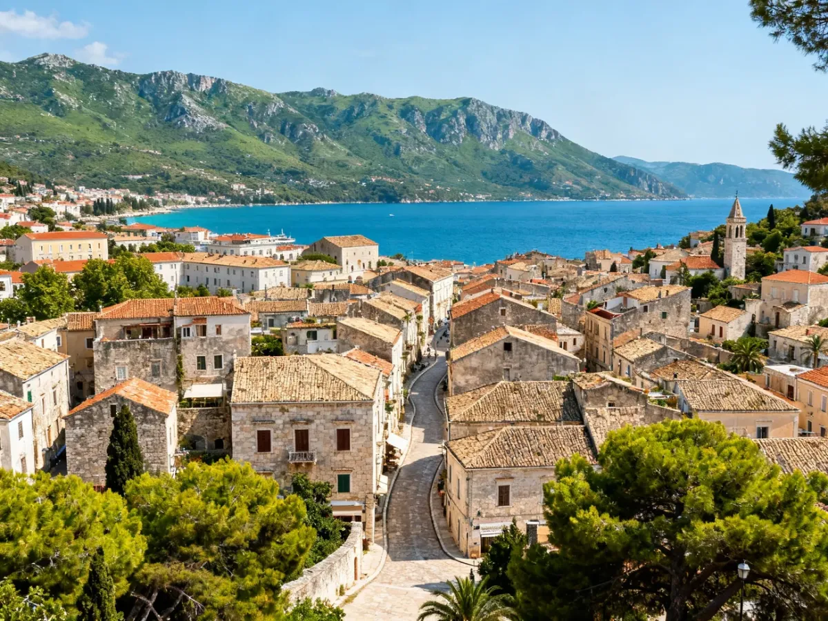 Panoramic view of Corfu with Kerkyra, mountains and the Ionian Sea