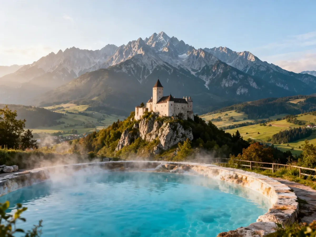 Panoramic view combining Slovak mountains, a medieval castle and thermal pools