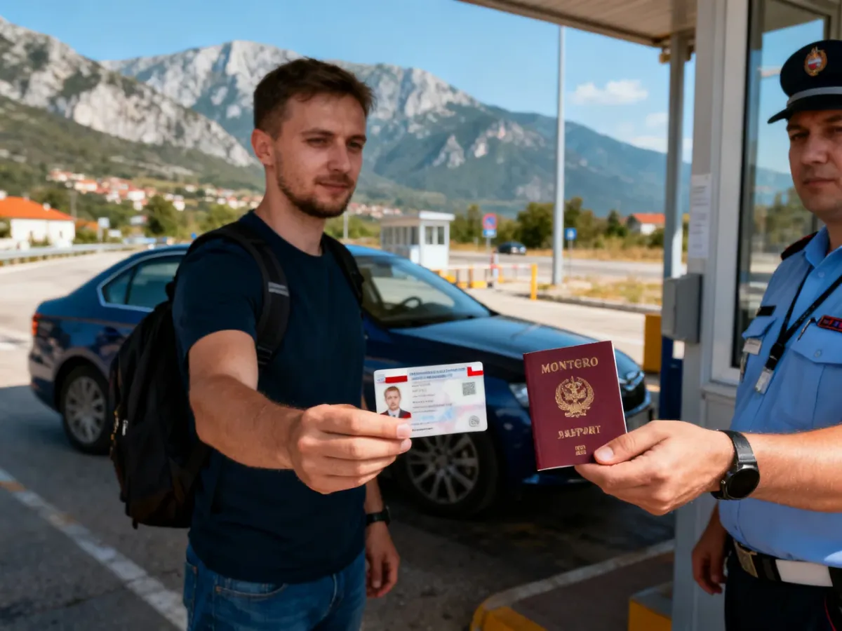 Podróżny okazujący dowód osobisty i paszport podczas kontroli granicznej w Czarnogórze