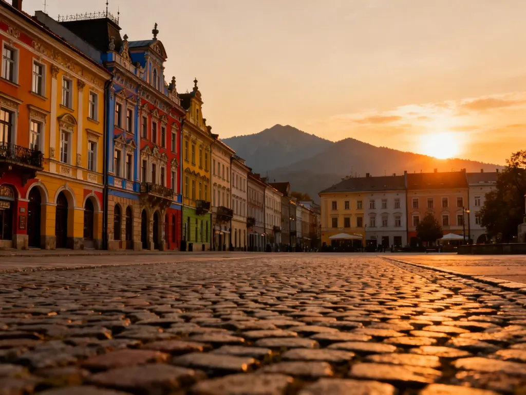 Zabytkowy rynek w Bielsku-Białej z kolorowymi kamienicami na tle Beskidów podczas zachodu słońca.