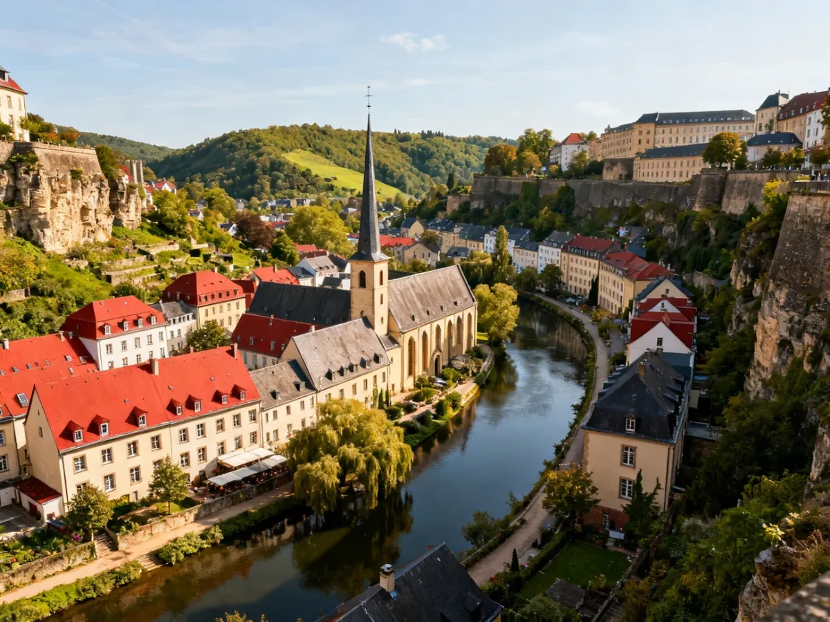 Panorama dzielnicy Grund i doliny Alzette w Luksemburgu