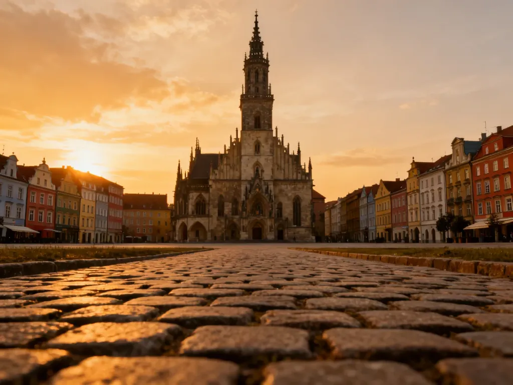 Historyczny Rynek w Sandomierzu z gotyckim ratuszem i kolorowymi kamienicami w blasku zachodzącego słońca.