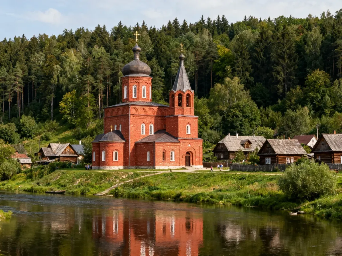 Panoramic view of Supraśl with the Orthodox monastery, river and surrounding greenery