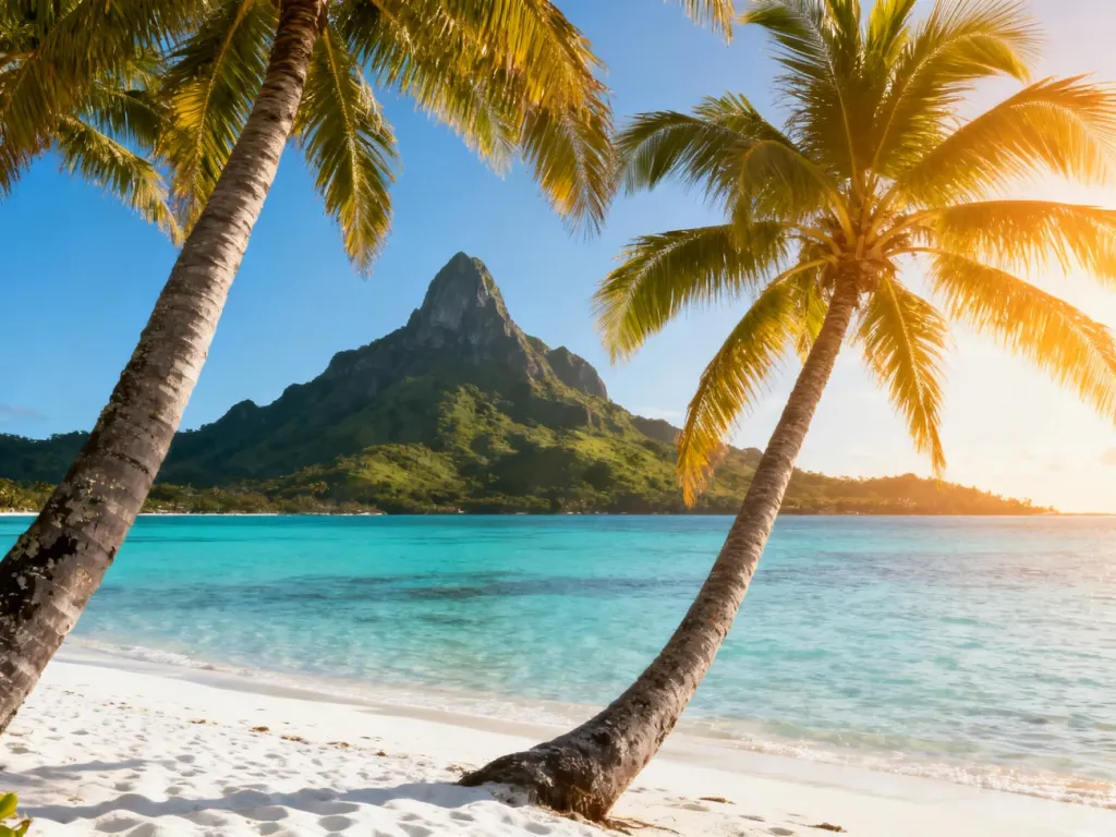 Piaszczysta plaża na Mauritiusie z turkusową wodą, palmami i górami w tle w świetle zachodzącego słońca.