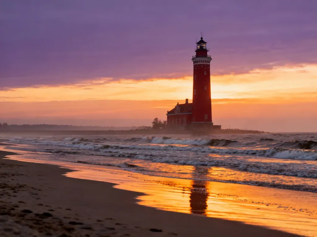 Latarnia morska w Kołobrzegu o zachodzie słońca z widokiem na piaszczystą plażę i spokojne morze.