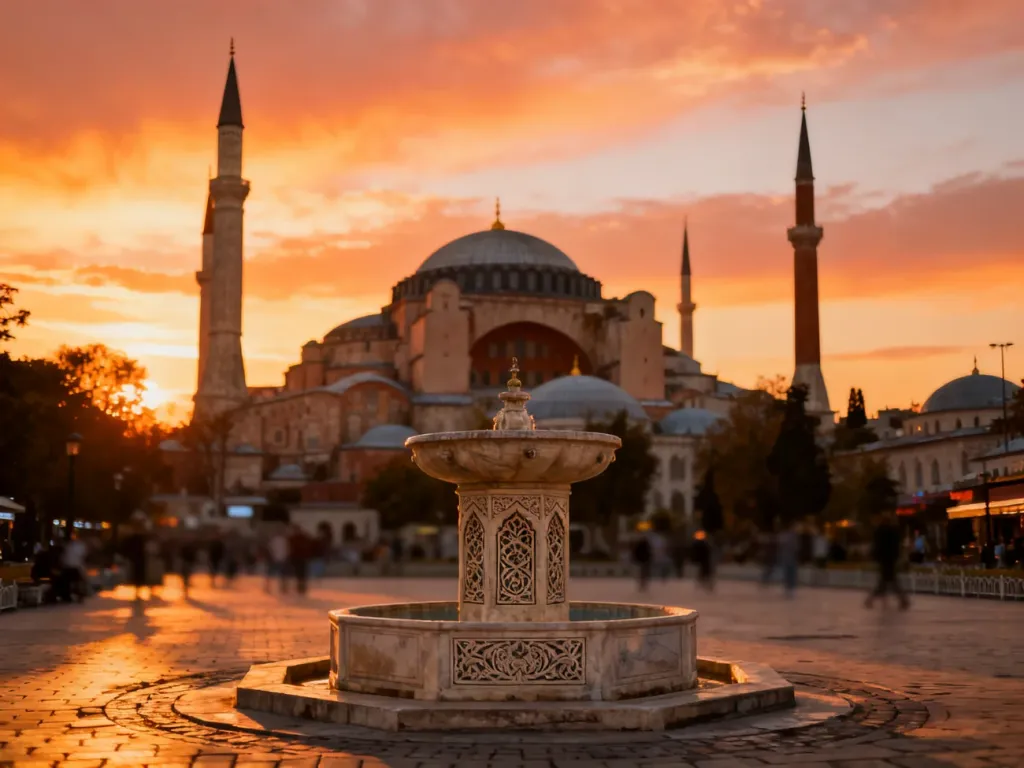 Hagia Sophia o zachodzie słońca z ozdobną fontanną na pierwszym planie w historycznej dzielnicy Stambułu.