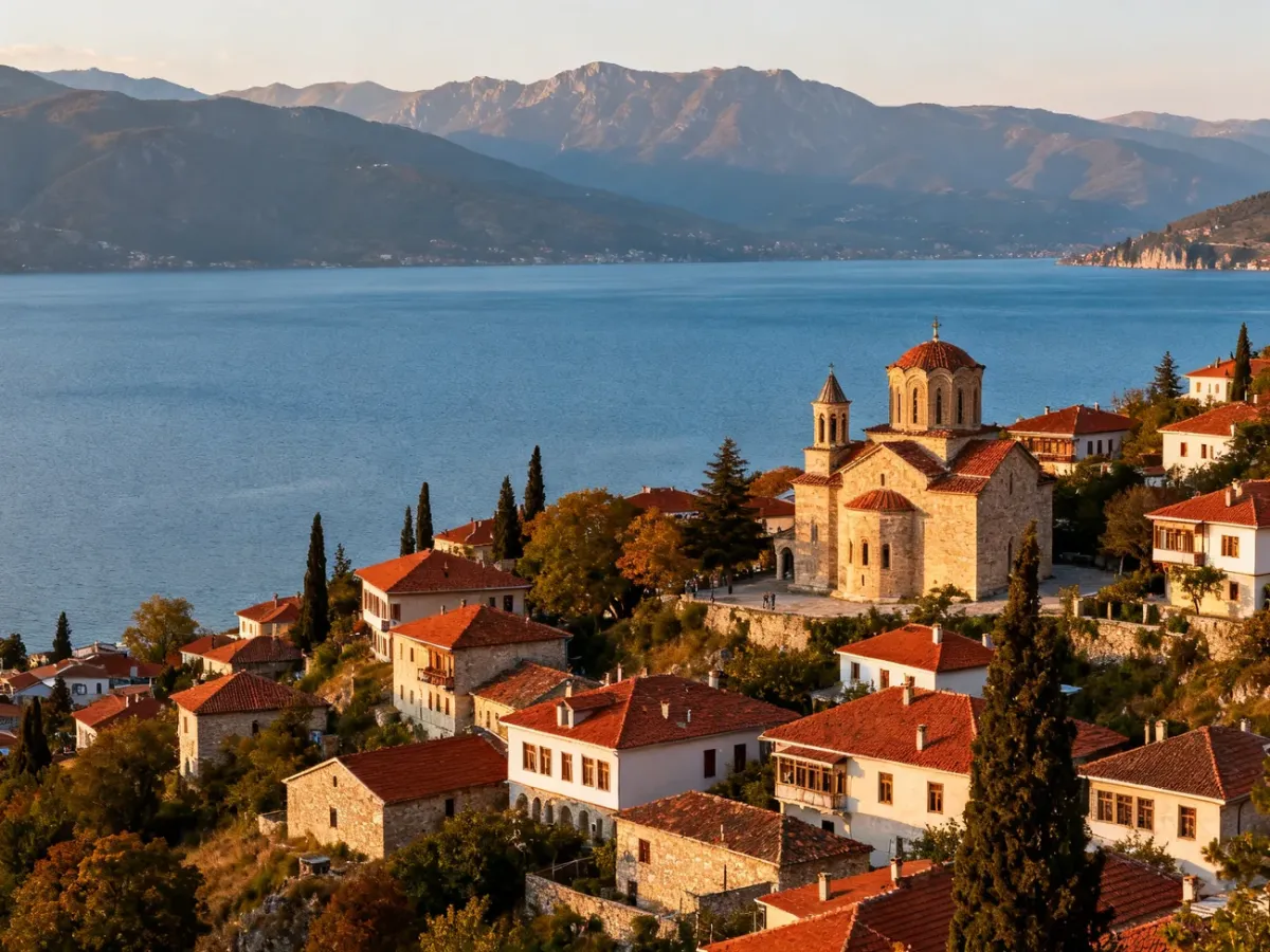 Panorama Ochrydy z zabytkowym starym miastem nad Jeziorem Ochrydzkim
