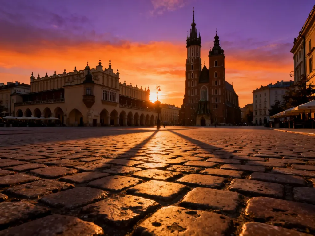 Panoramiczny widok na krakowski Rynek Główny z Sukiennicami i Bazyliką Mariacką w ciepłym świetle zachodzącego słońca.