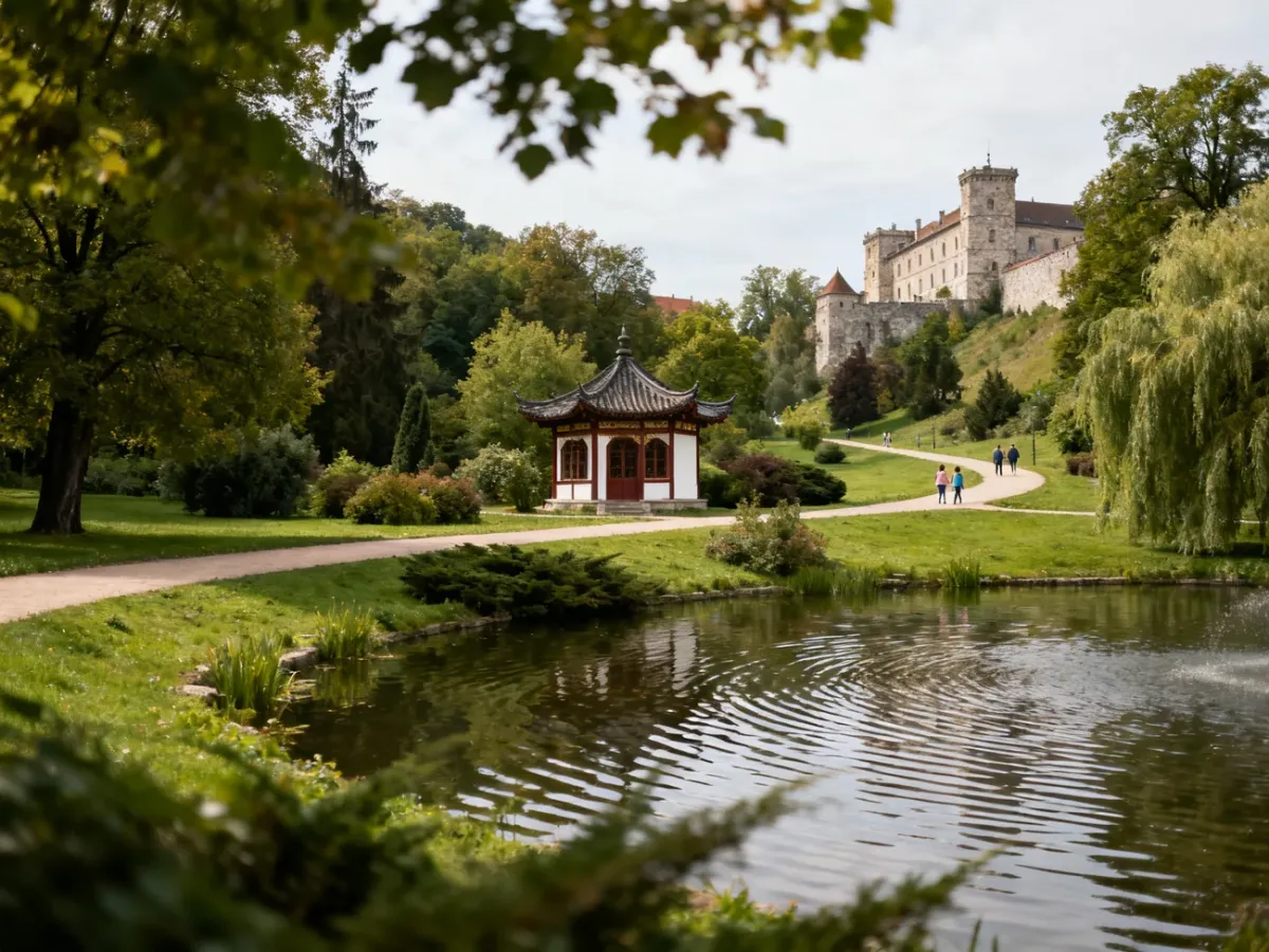 Park Zamkowy w Żywcu z alejkami, stawem i zabytkowym Domkiem Chińskim