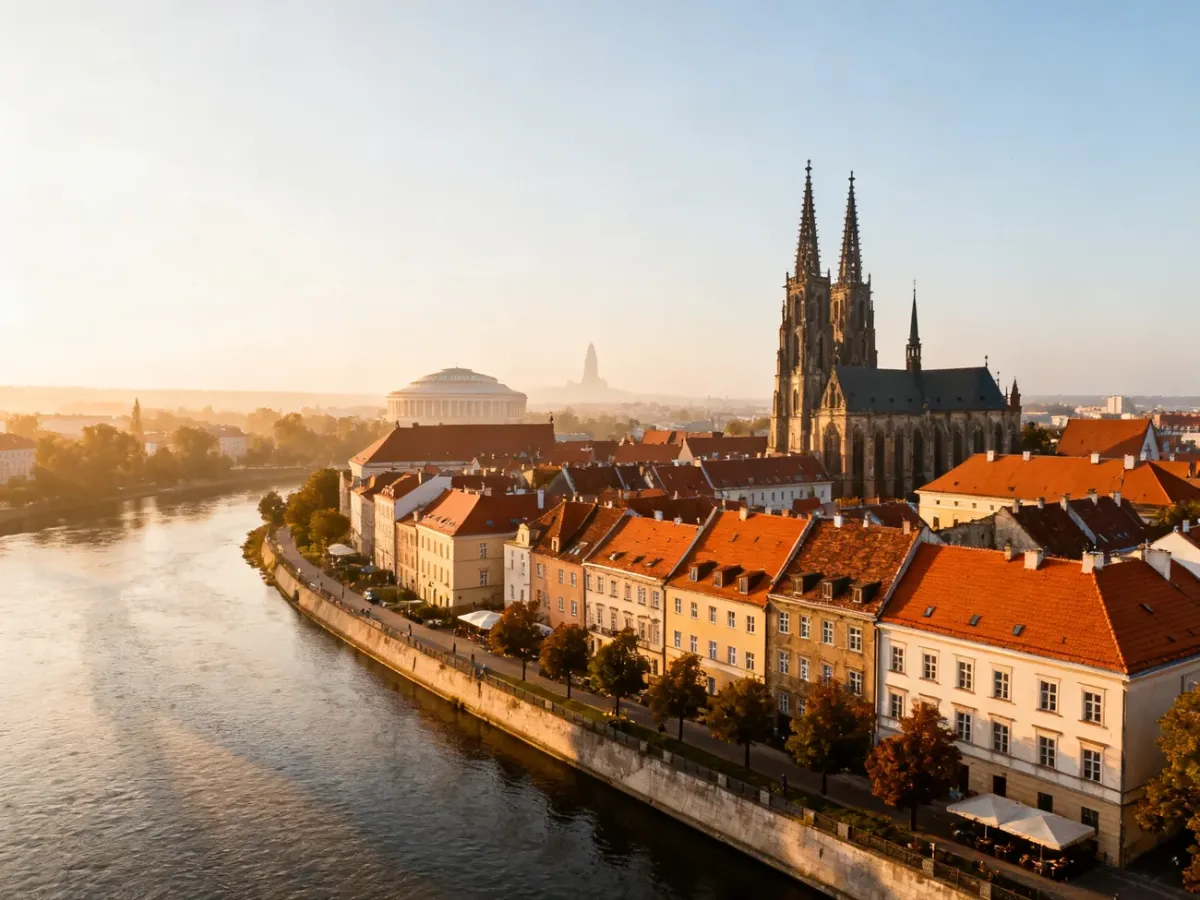 Panorama Wrocławia z widokiem na Odrę i zabytkową architekturę miasta