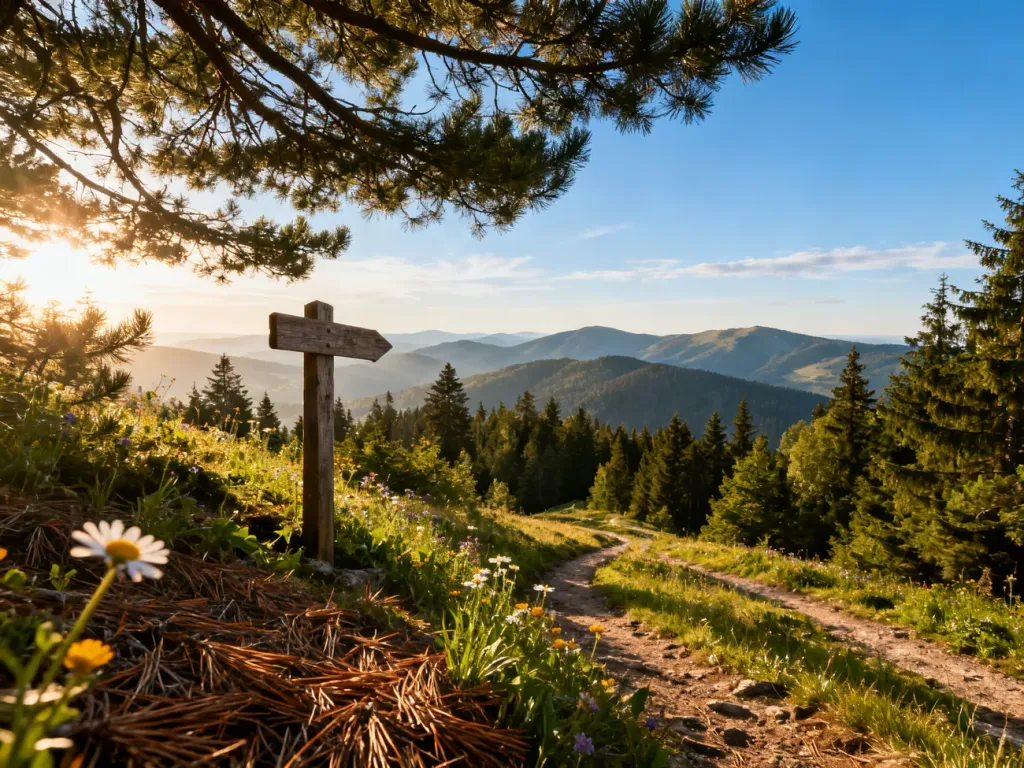 Panoramiczny widok na pasmo Czantorii w Ustroniu z drewnianym drogowskazem na tle zielonych lasów i gór Beskidu.