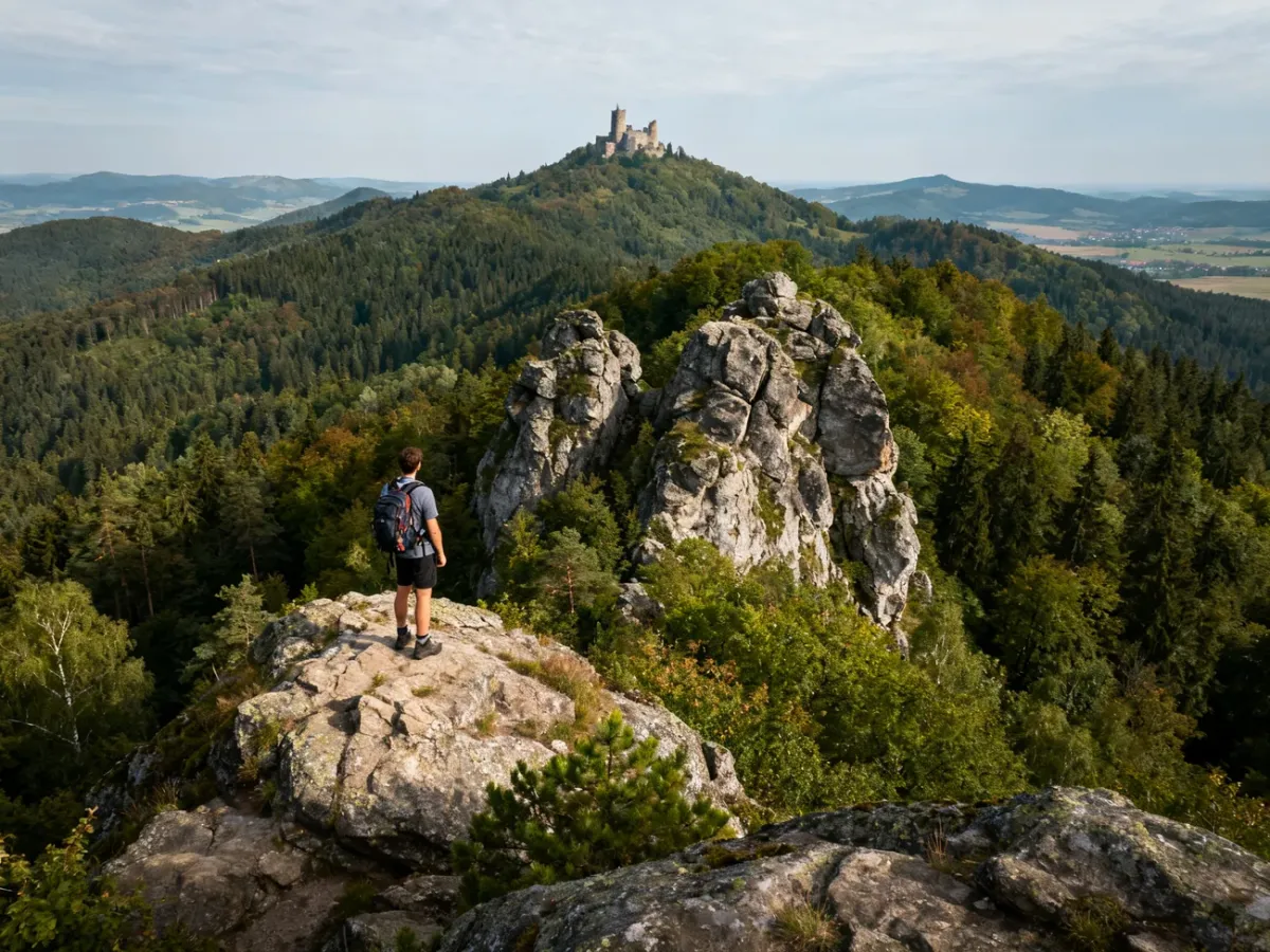 Panorama Gór Świętokrzyskich z gołoborzami i ruinami zamku