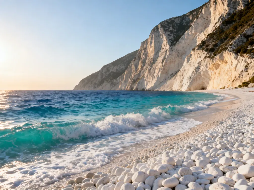 Turkusowe wody i białe klify plaży Myrtos na Kefalonii w promieniach porannego słońca.